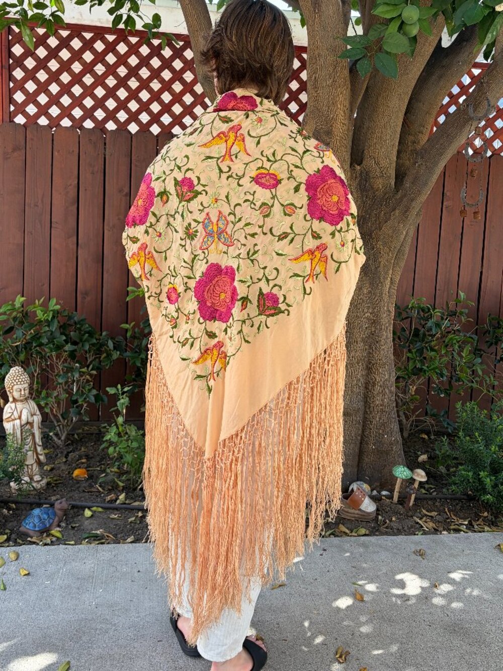 Vintage 1920s Large Piano Shawl • Peach Floral & Butterfly Silk Embroidered